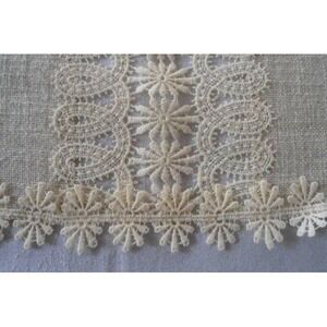 Vintage Linen Schiffli Lace Table Runner Ivory Mid Century Dresser Scarf 33"